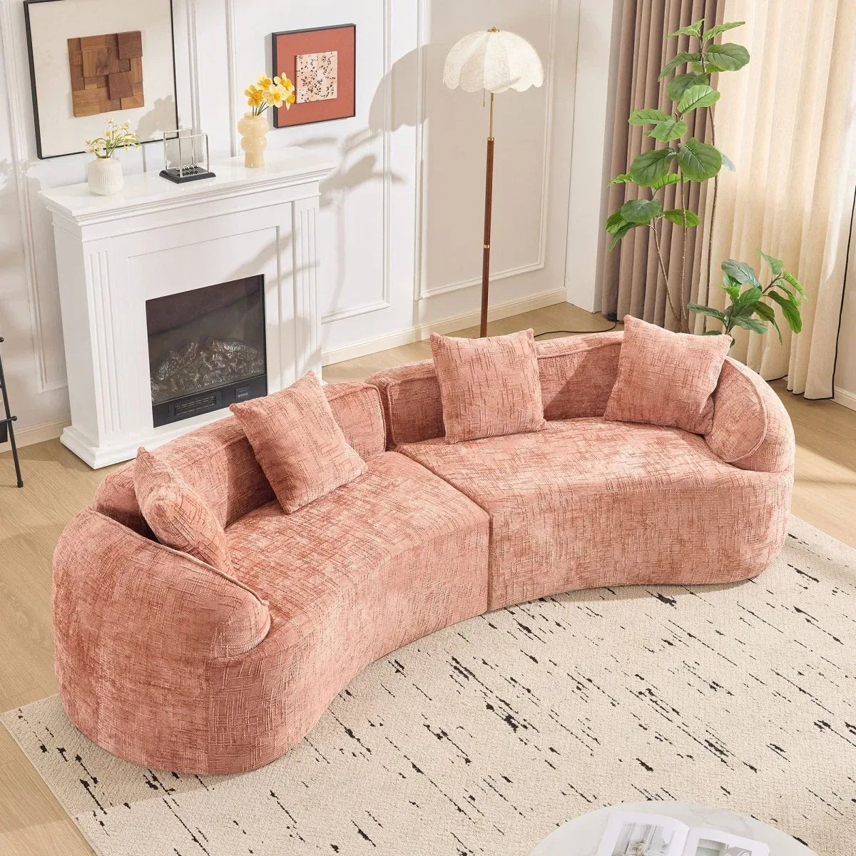 Pink Curved Medium-Soft Chenille 4-Seat Sofa - Omega Lifestyles
