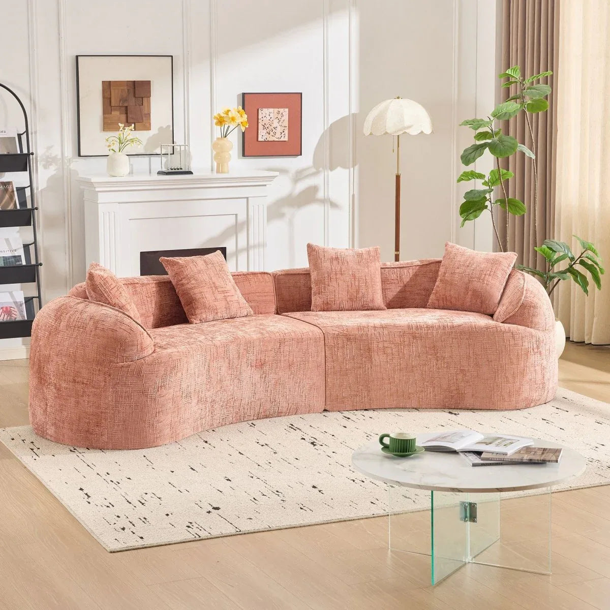 Pink Curved Medium-Soft Chenille 4-Seat Sofa - Omega Lifestyles