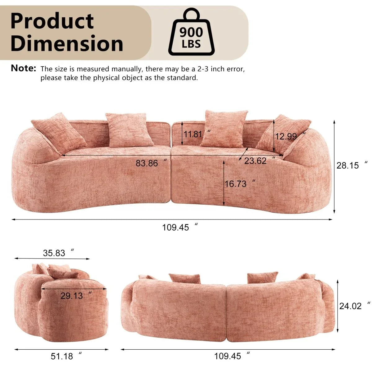 Pink Curved Medium-Soft Chenille 4-Seat Sofa - Omega Lifestyles