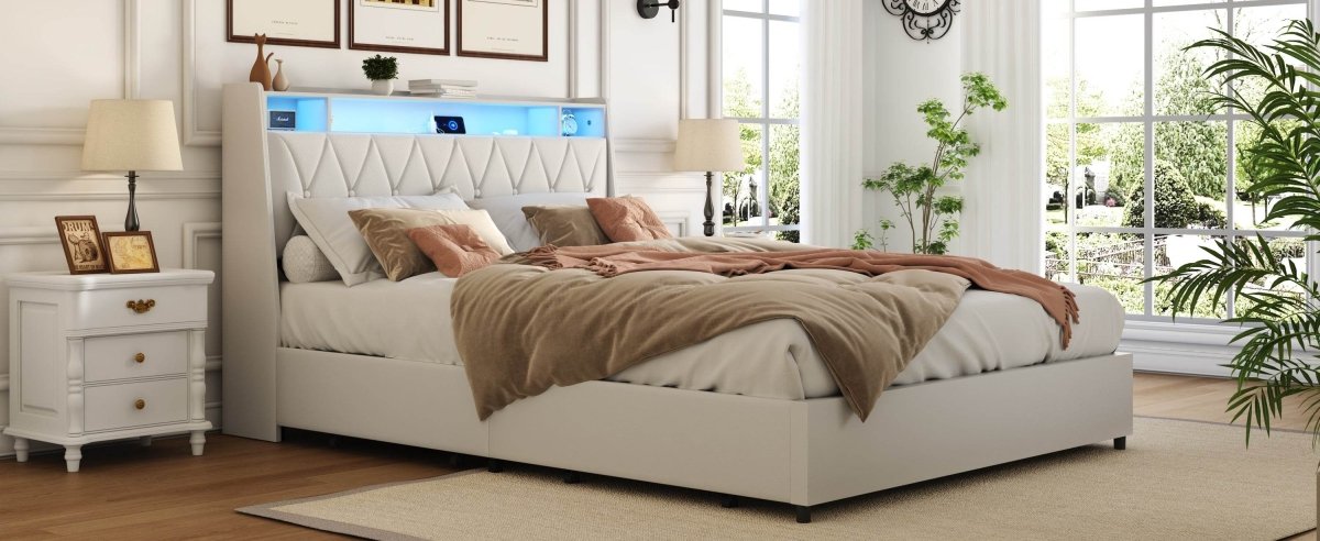 Queen Metal Platform Bed Frame With Ergonomic Headboard And Outlets - Dreamtide - Omega Lifestyles
