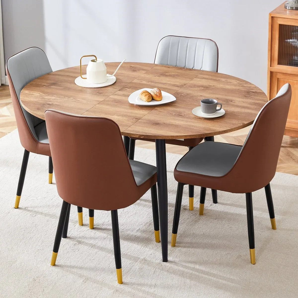 Round Extendable MDF Dining Table With Four PU Chairs - Omega Lifestyles