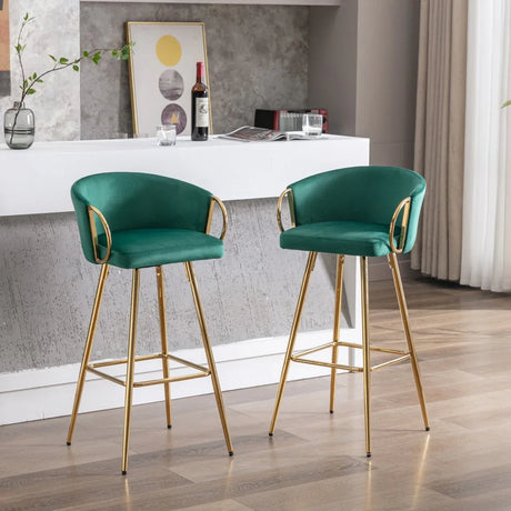 Set of 2 Green Velvet Fabric Foam Bar Stools - Omega Lifestyles