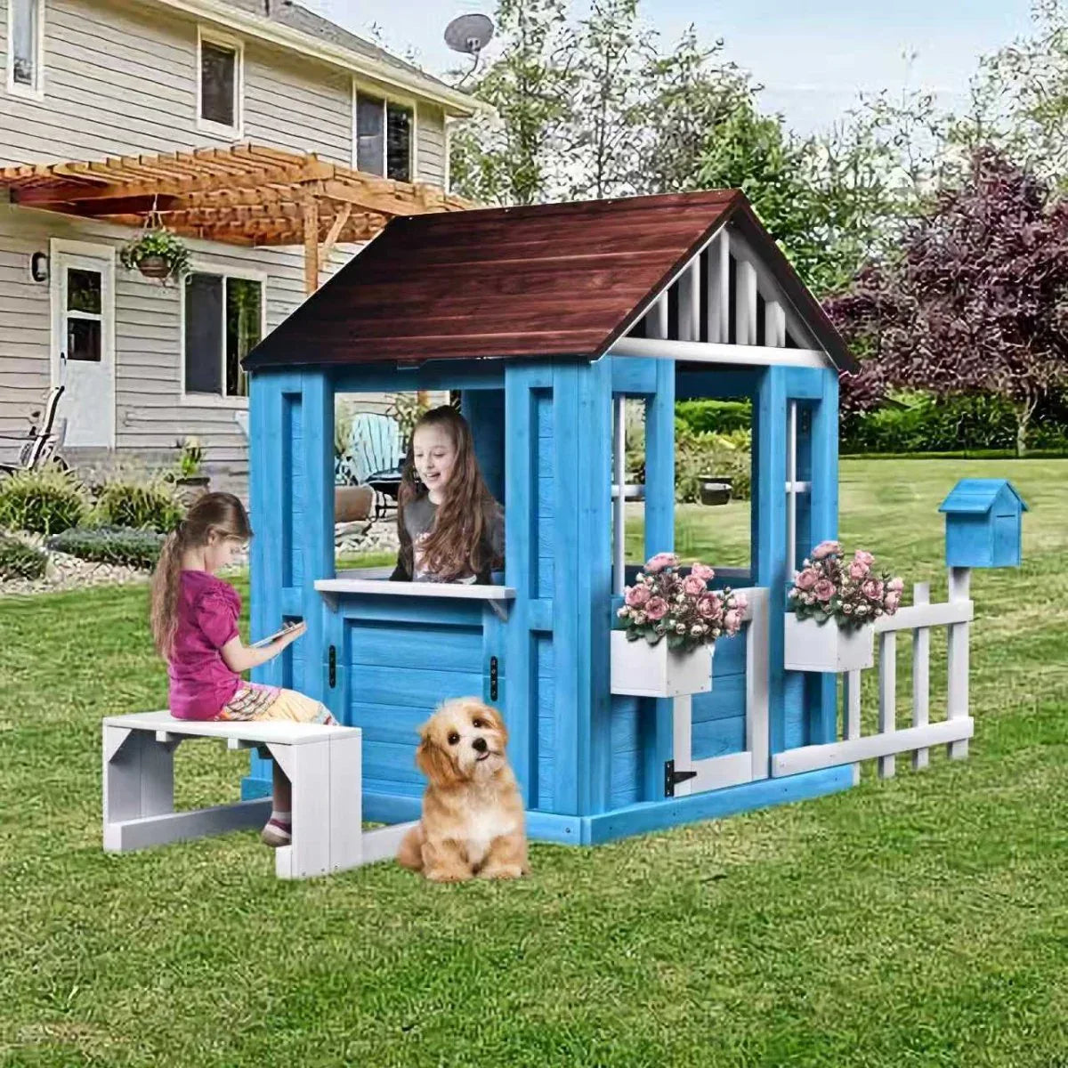 Solid Wood Outdoor Kids Playhouse With Picnic Bench - Omega Lifestyles