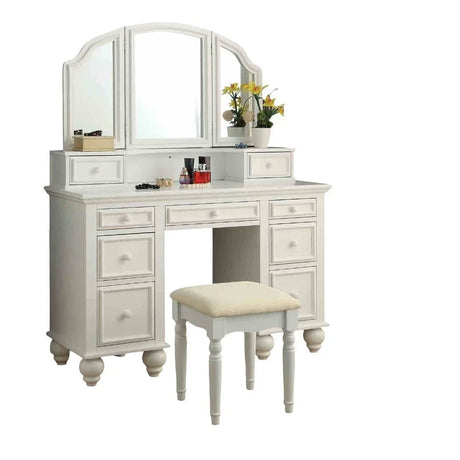 Transitional White Solid Wood Vanity With Stool Set - Omega Lifestyles