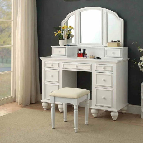 Transitional White Solid Wood Vanity With Stool Set - Omega Lifestyles