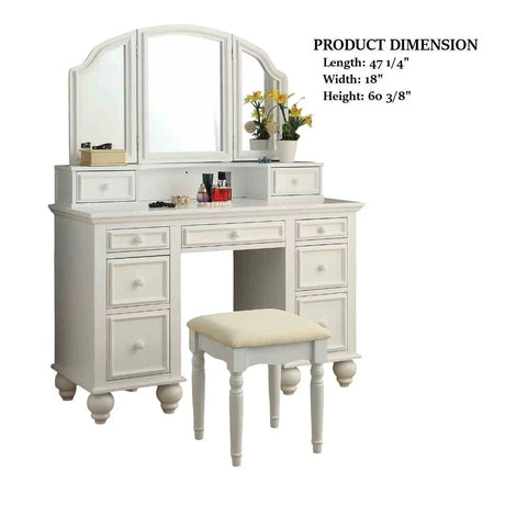 Transitional White Solid Wood Vanity With Stool Set - Omega Lifestyles