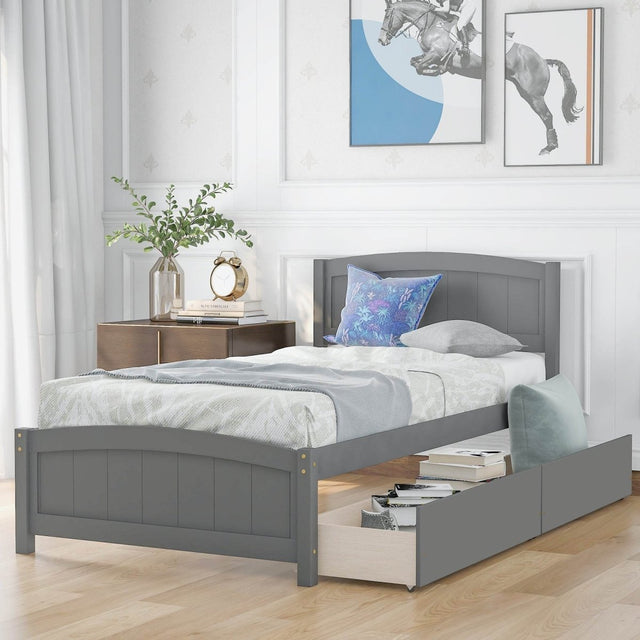 Twin Minimalistic Solid Pine Wood Platform Bed With Drawers - Omega Lifestyles