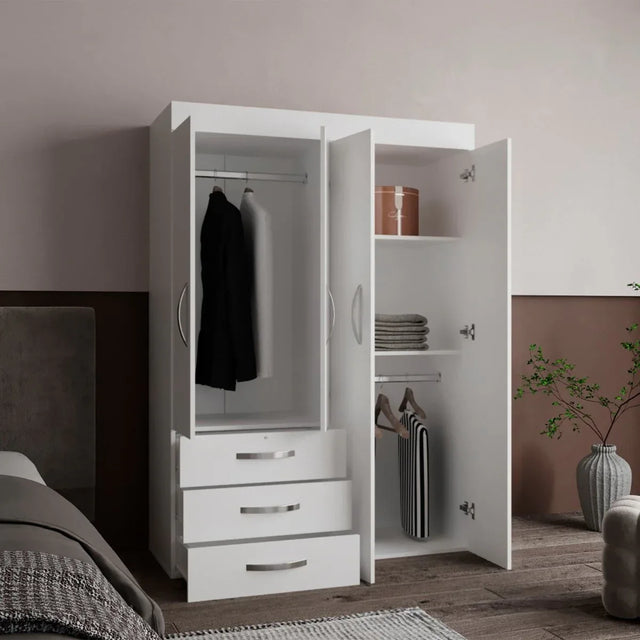 White Engineered Wood 4-Door Mobile Armoire Cabinet - Omega Lifestyles