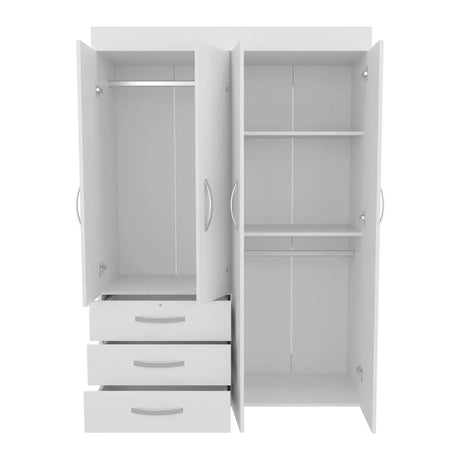 White Engineered Wood 4-Door Mobile Armoire Cabinet - Omega Lifestyles