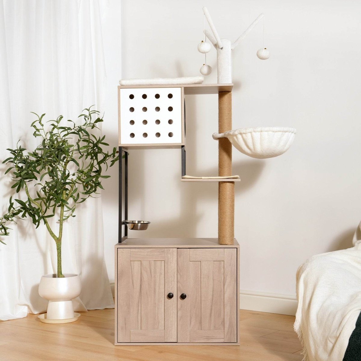 3 - in - 1 Space - Saving Cat Tree With Litter Box Enclosure - Driftwood - Omega Lifestyles