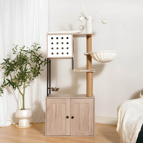 3 - in - 1 Space - Saving Cat Tree With Litter Box Enclosure - Driftwood - Omega Lifestyles