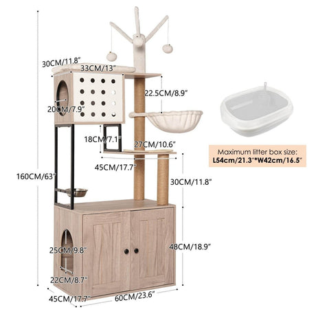 3 - in - 1 Space - Saving Cat Tree With Litter Box Enclosure - Driftwood - Omega Lifestyles
