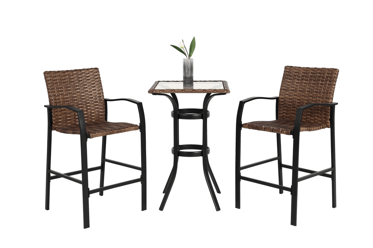 3 - Piece Outdoor Brown Steel Rattan Bar Stools Set - Driftwood - Omega Lifestyles