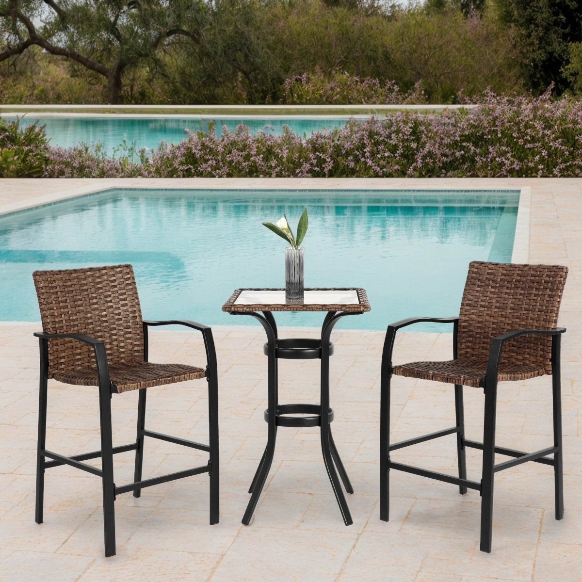 3 - Piece Outdoor Brown Steel Rattan Bar Stools Set - Driftwood - Omega Lifestyles