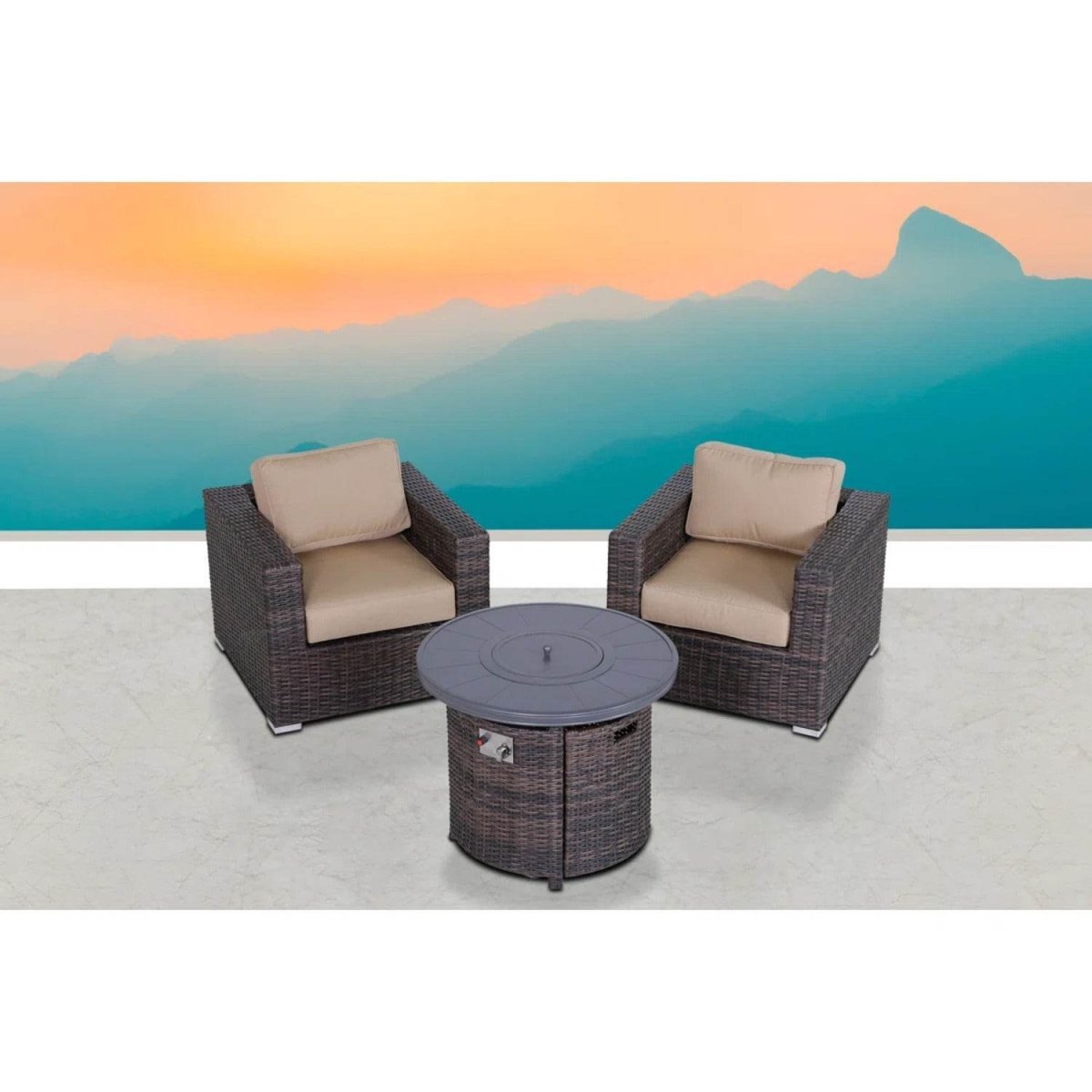 3 - Piece Outdoor Wicker Seating Set With Fire Pit - Driftwood - Omega Lifestyles