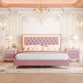 3-Piece Pink Upholstered Bedroom Set With LED Lights - Omega Lifestyles