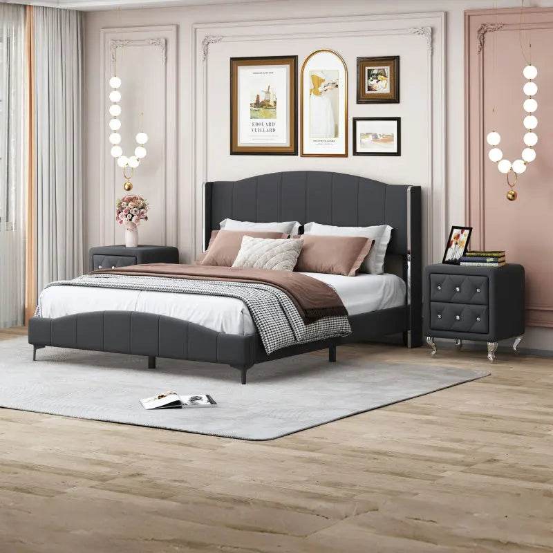 3-Piece PU Leather Upholstered Platform Bed Set - Omega Lifestyles