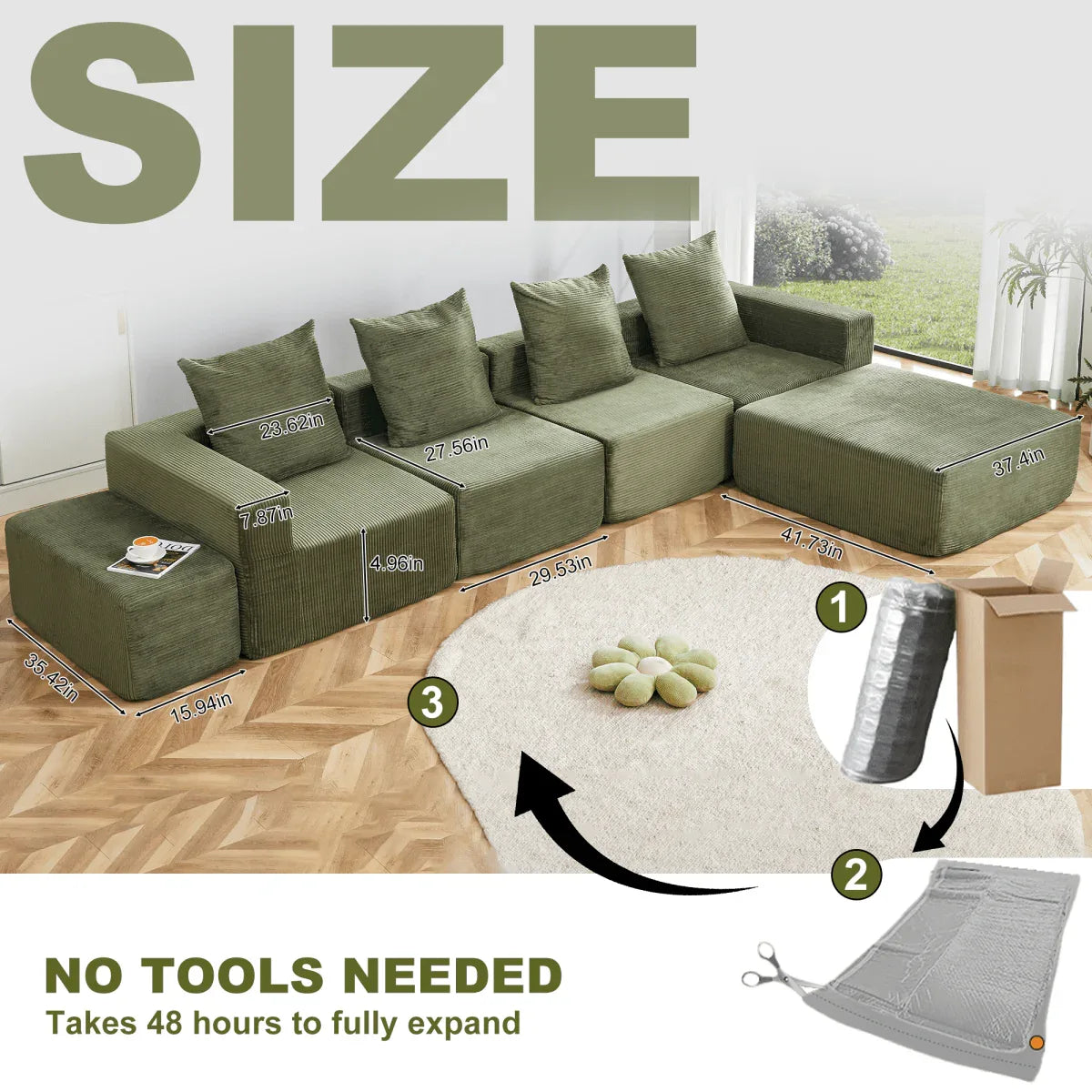 4-Seat Modular Corduroy Fabric Sofa Sectional With Chaise - Omega Lifestyles