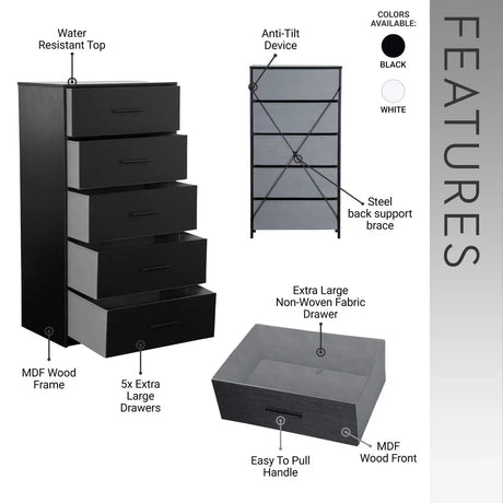 5-Drawer Modern Fabric Storage Dresser Black - Omega Lifestyles