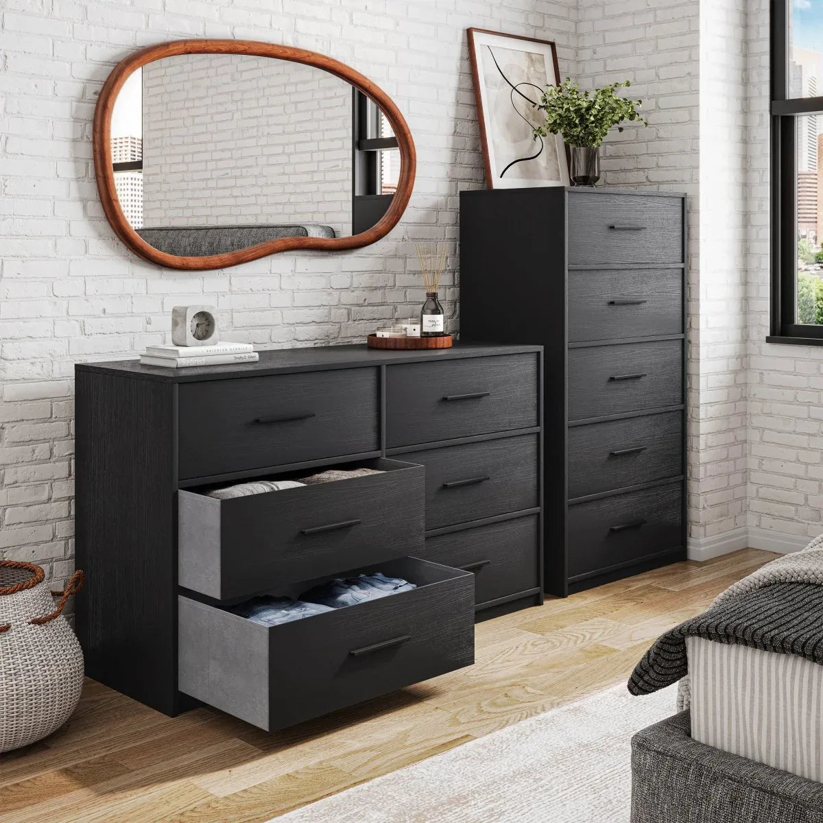 5-Drawer Modern Fabric Storage Dresser Black - Omega Lifestyles
