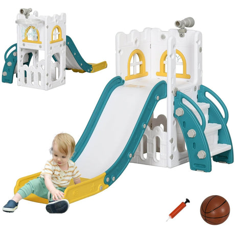 5 - in - 1 Toddler Slide Playset With Basketball Hoop Climber - Driftwood - Omega Lifestyles