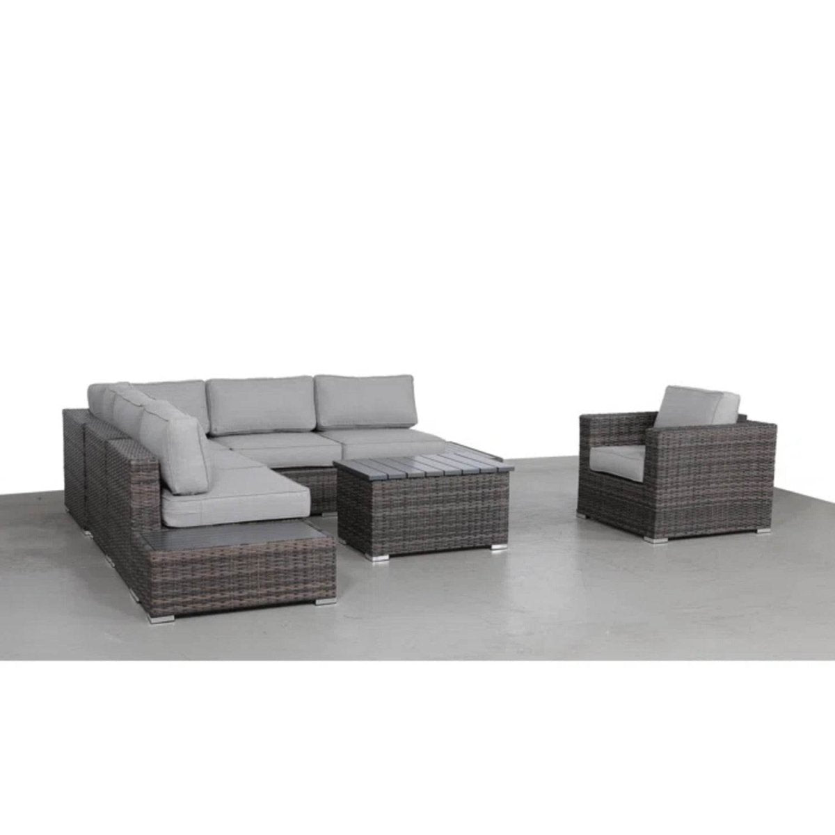 5 - Person Brown HDPE Wicker Patio Seating Set With Cushions - Driftwood - Omega Lifestyles