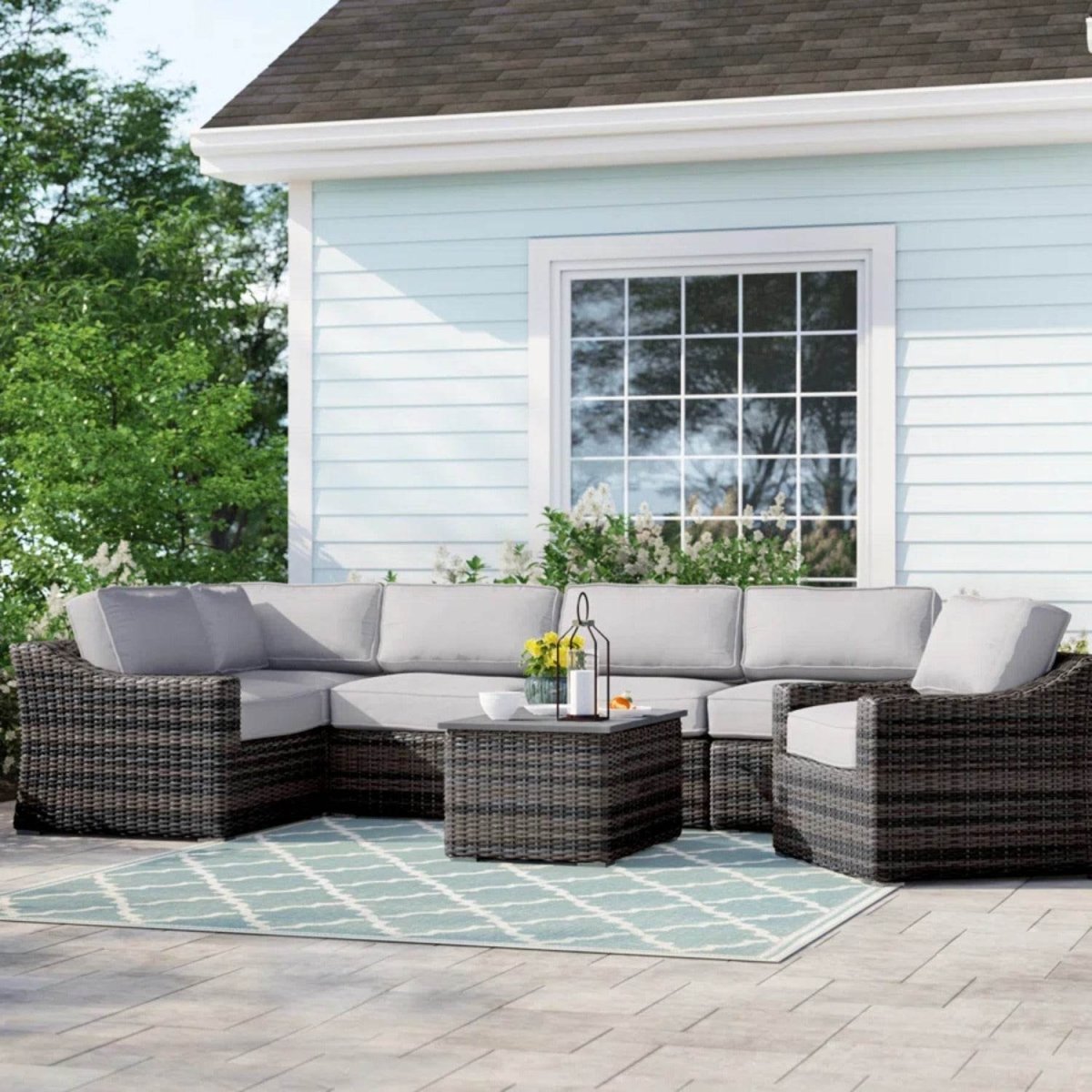 5 - Piece All - Weather Wicker Sectional Seating Group With Cushions - Driftwood - Omega Lifestyles