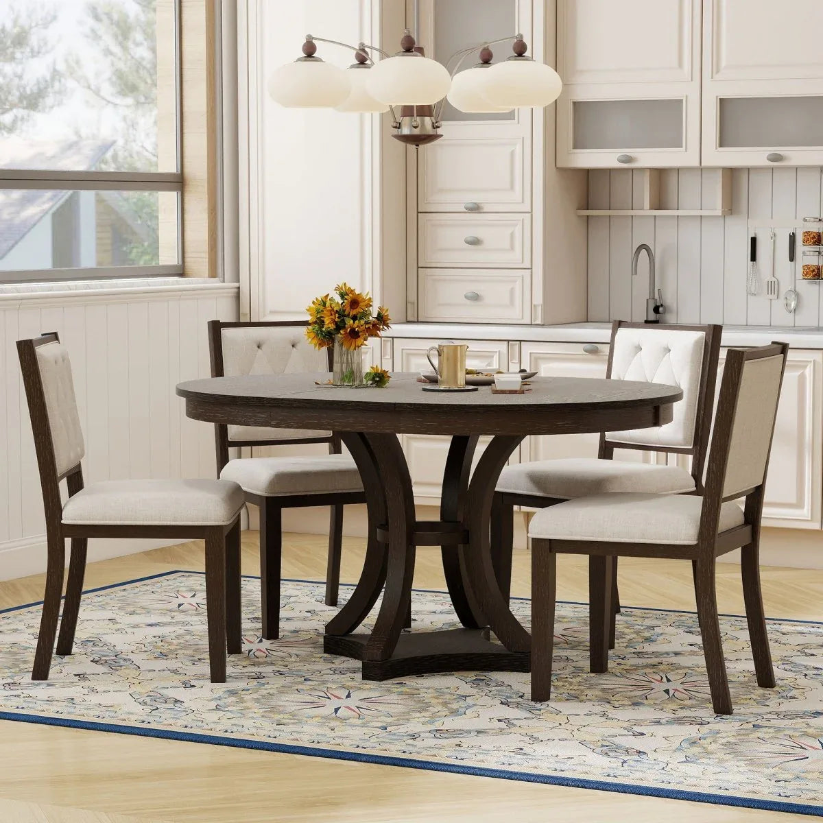 5-Piece Extendable Round Dining Table Set With Upholstered Chairs - Omega Lifestyles