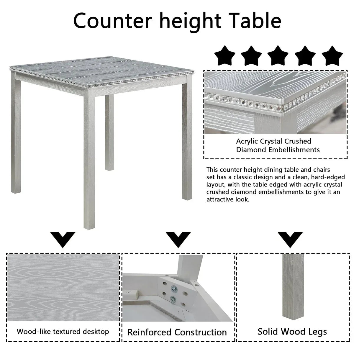 5-Piece Solid Wood Counter Height Dining Table Set With Upholstered Chairs - Omega Lifestyles