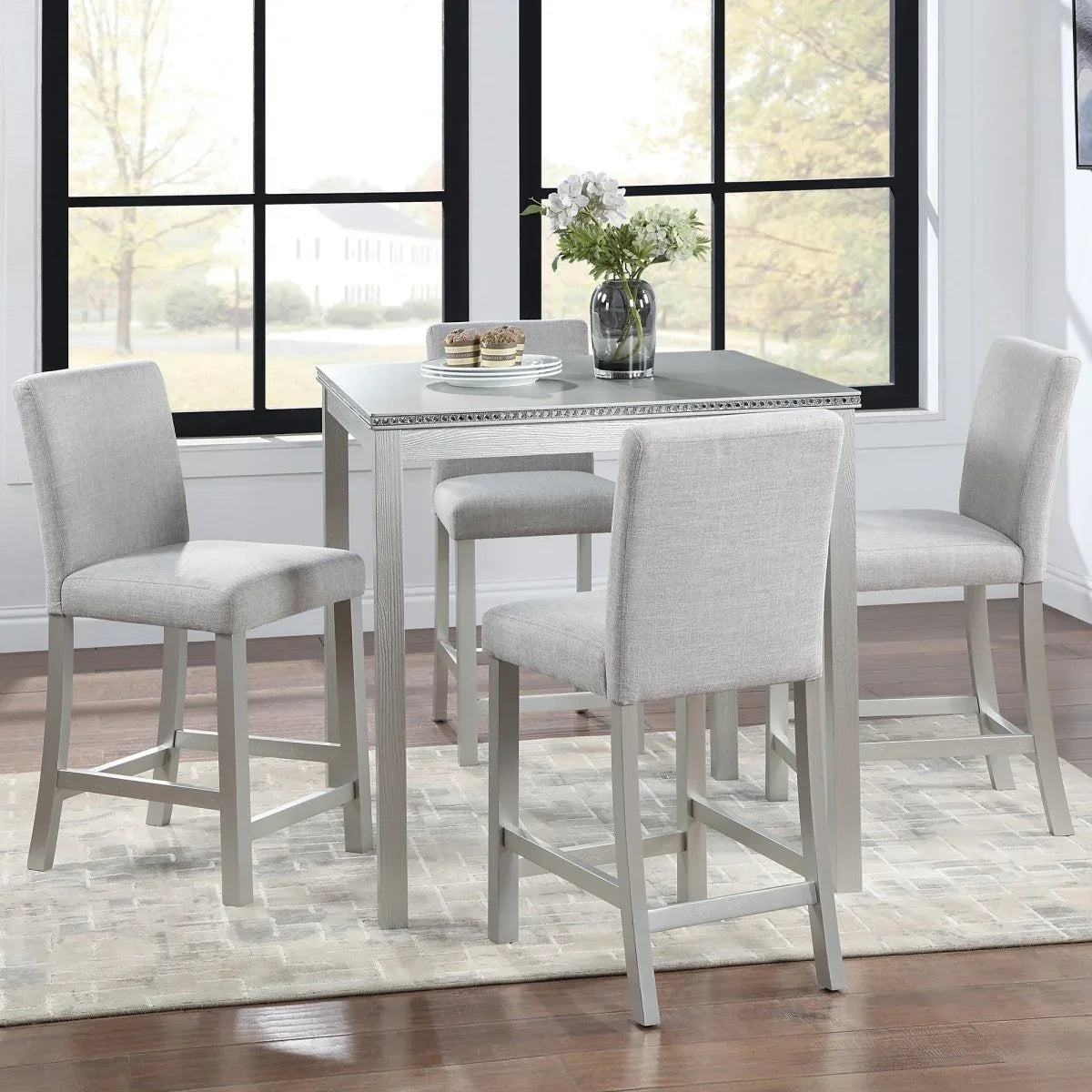 5-Piece Solid Wood Counter Height Dining Table Set With Upholstered Chairs - Omega Lifestyles