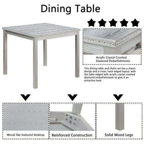 5-Piece Solid Wood MDF Square Dining Table Set With Upholstered Chairs - Omega Lifestyles