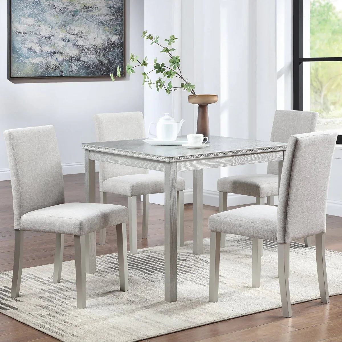 5-Piece Solid Wood MDF Square Dining Table Set With Upholstered Chairs - Omega Lifestyles