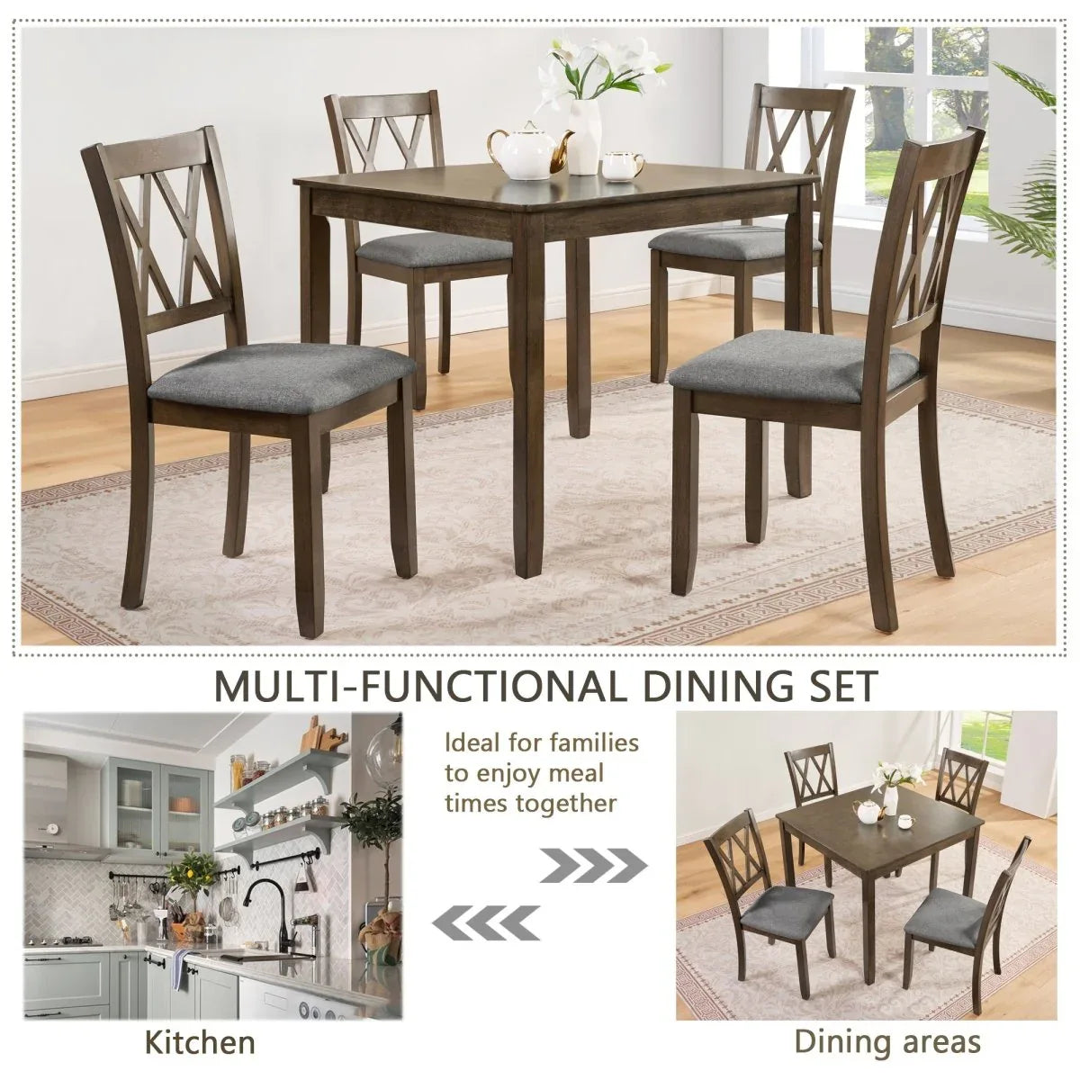 5-Piece Walnut Square Wooden Dining Table Set With Chairs - Omega Lifestyles