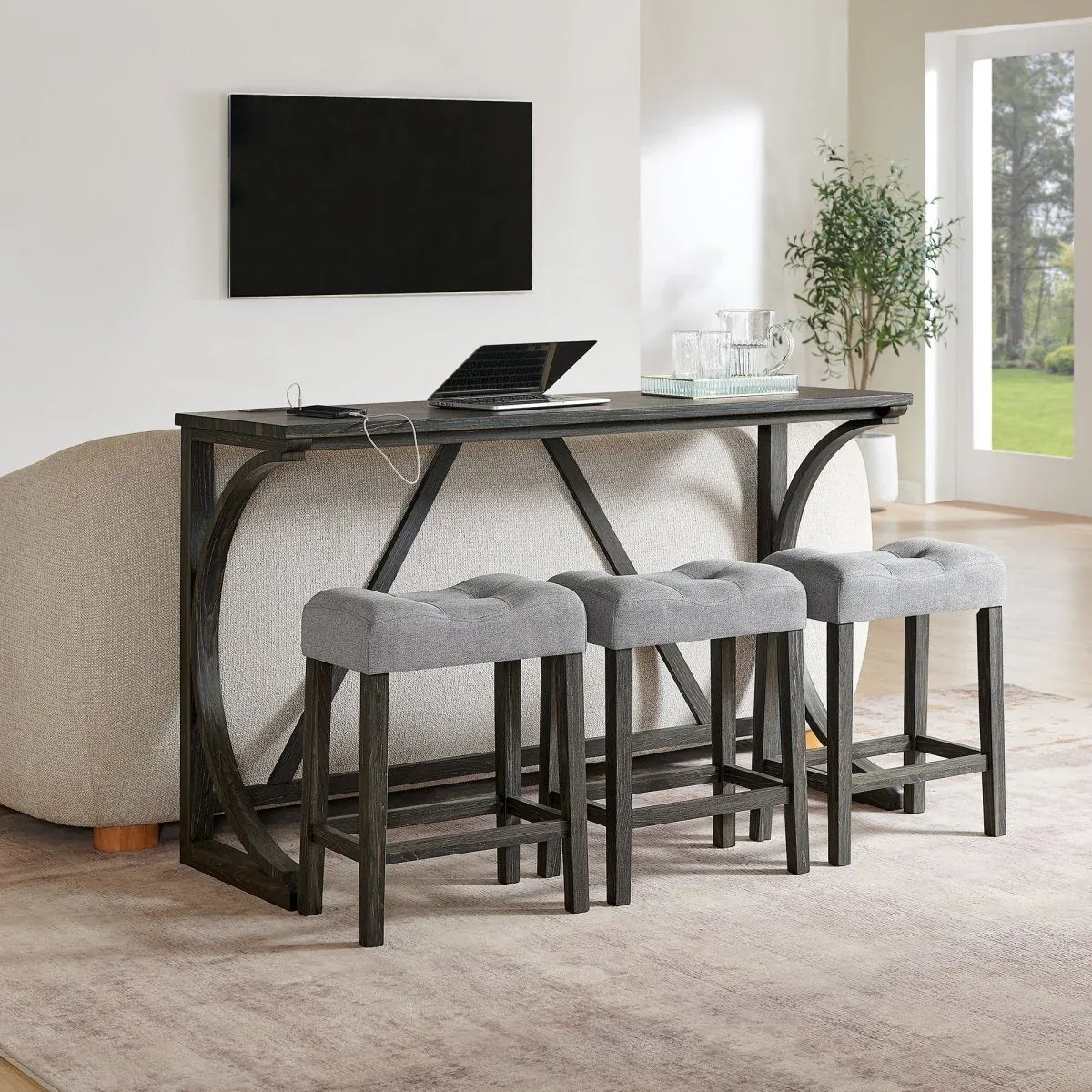 59-Inch Industrial Solid Wood Bar Table And Stools Set - Omega Lifestyles