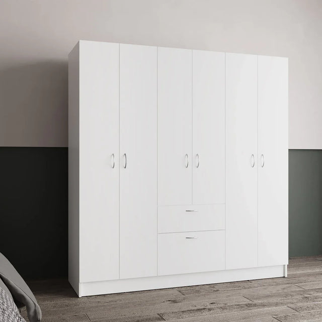 6-Door White Engineered Wood Wardrobe Armoire - Omega Lifestyles