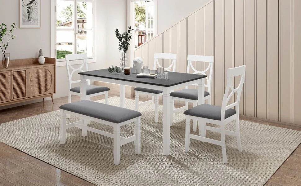 6-Piece Farmhouse Solid Wood Dining Table Set With Upholstered Bench - Omega Lifestyles