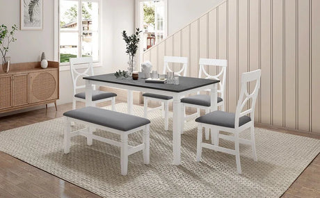 6-Piece Farmhouse Solid Wood Dining Table Set With Upholstered Bench - Omega Lifestyles