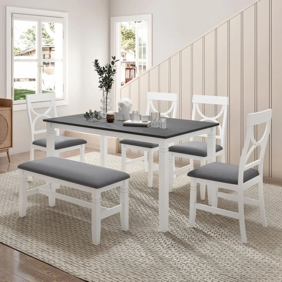 6-Piece Farmhouse Solid Wood Dining Table Set With Upholstered Bench - Omega Lifestyles