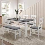 6-Piece Farmhouse Solid Wood Dining Table Set With Upholstered Bench - Omega Lifestyles