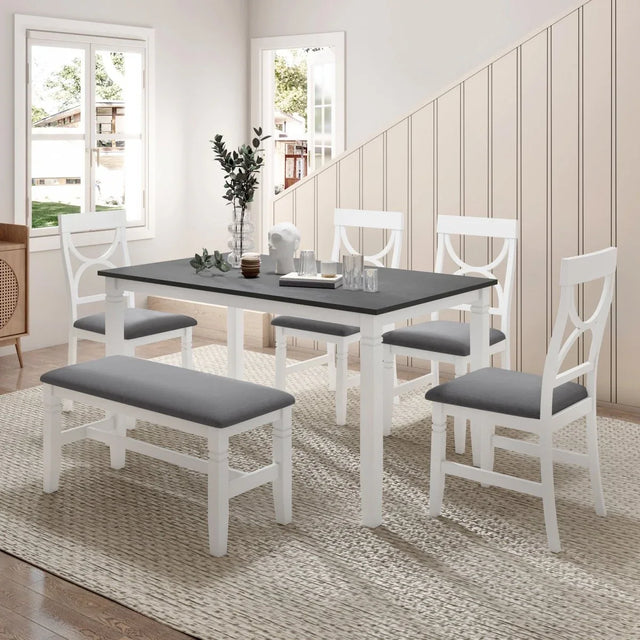 6-Piece Farmhouse Solid Wood Dining Table Set With Upholstered Bench - Omega Lifestyles