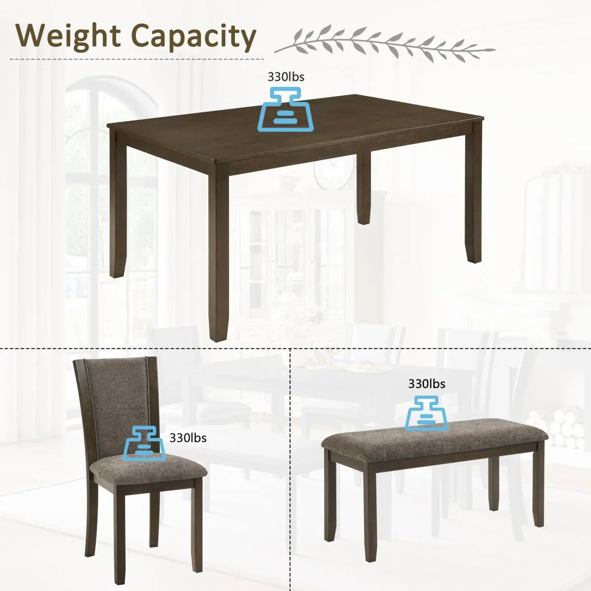 6-Piece Rustic Wooden Dining Table Set With Bench And Chairs - Omega Lifestyles