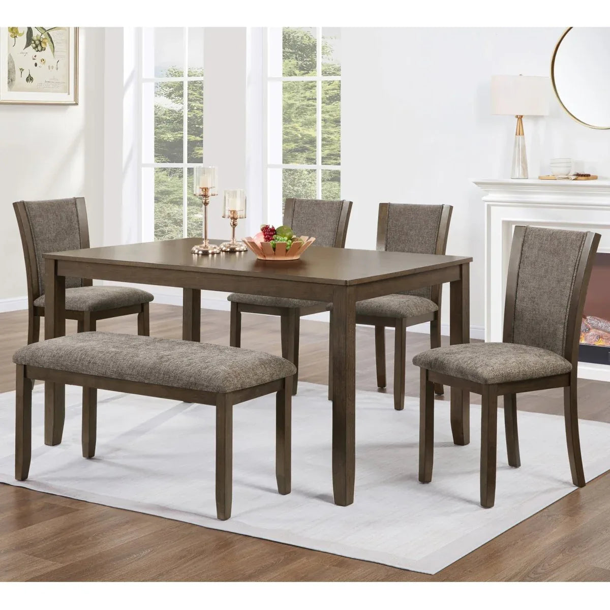6-Piece Rustic Wooden Dining Table Set With Bench And Chairs - Omega Lifestyles