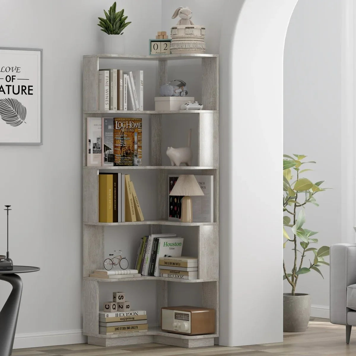 6-Tier L-Shaped Corner Bookshelf Engineered Wood Gray - Omega Lifestyles