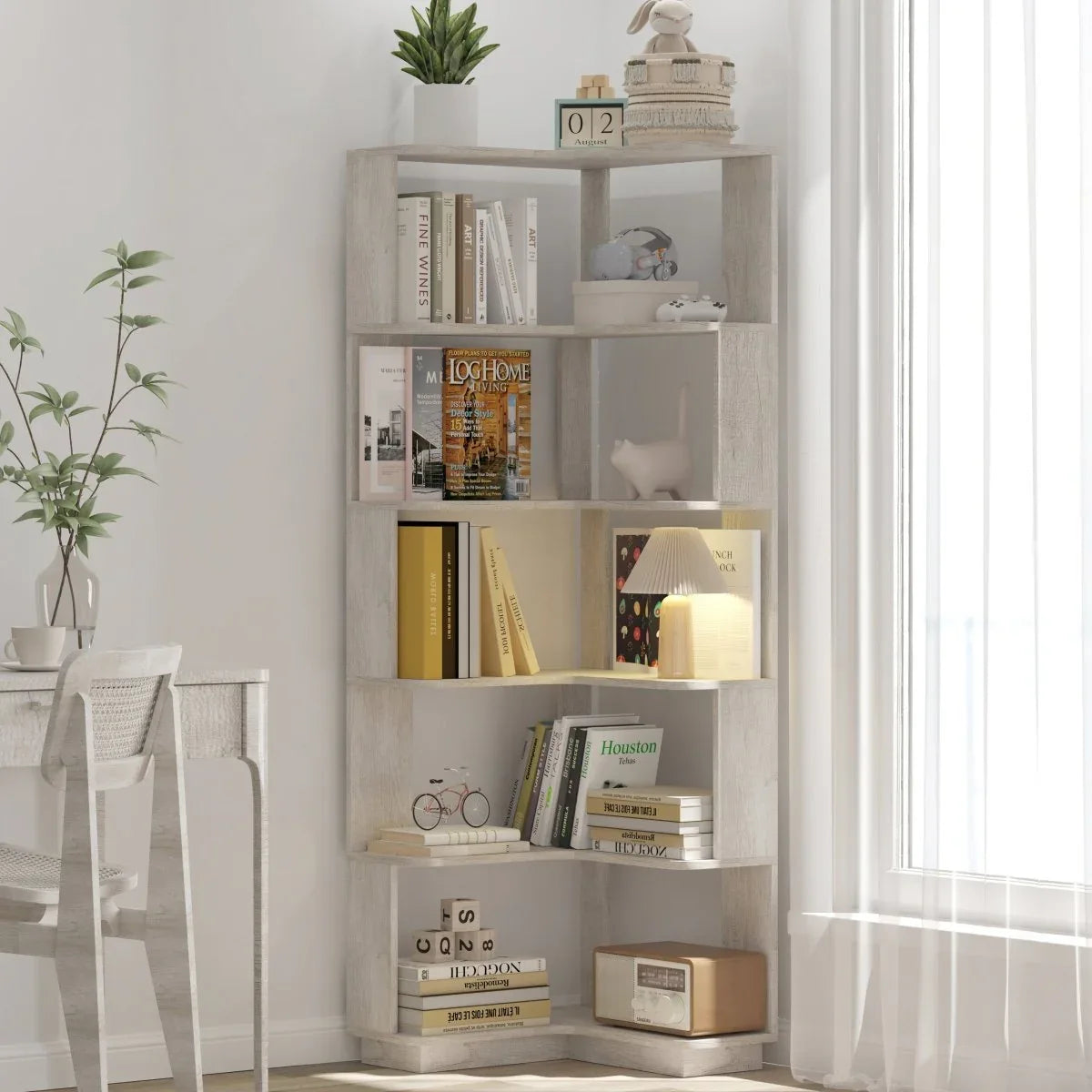 6-Tier L-Shaped Corner Bookshelf Engineered Wood Gray - Omega Lifestyles