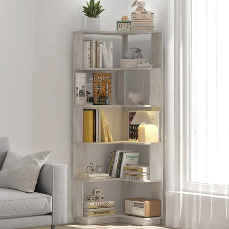 6-Tier L-Shaped Corner Bookshelf Engineered Wood Gray - Omega Lifestyles