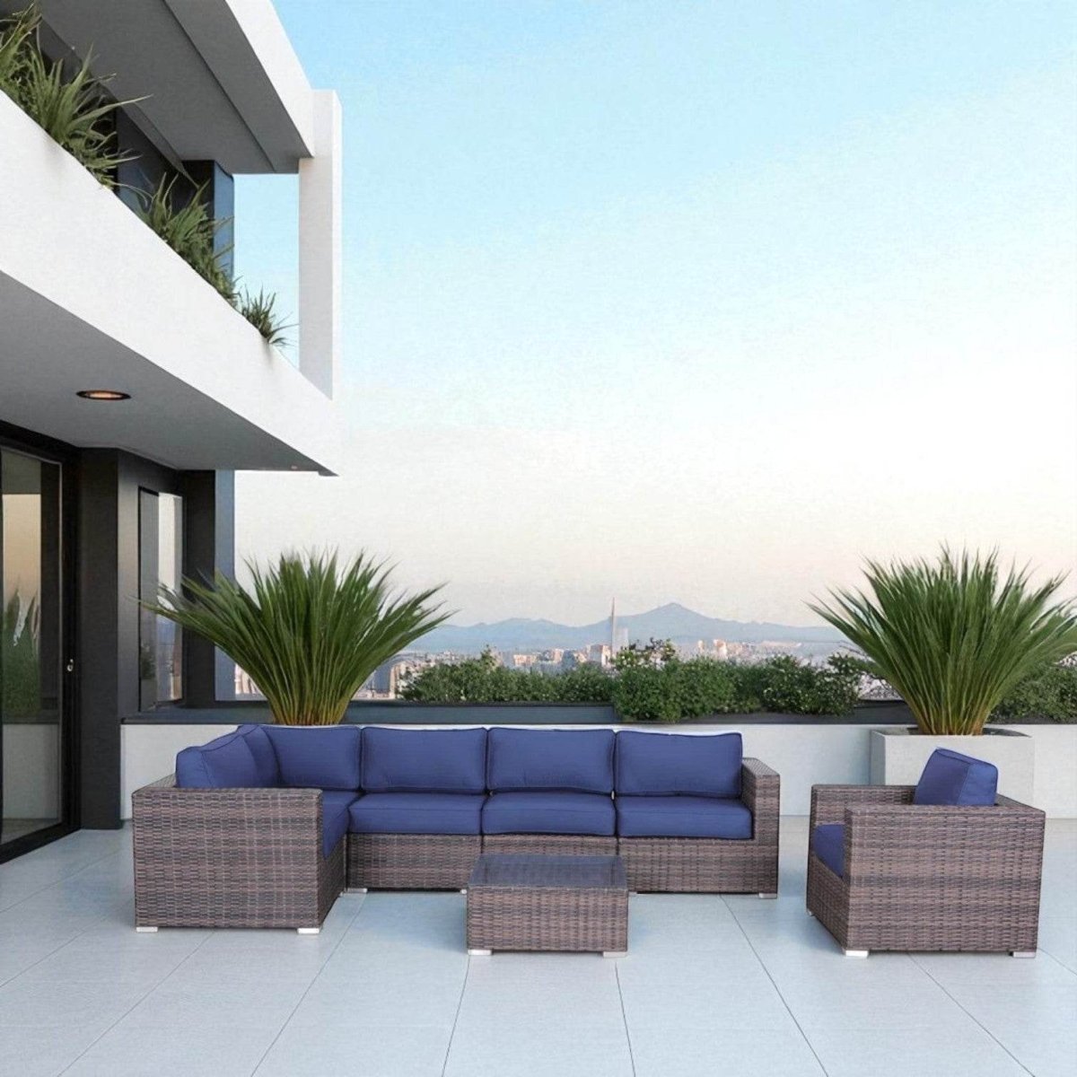 7 - Piece Weather - Resistant Wicker Patio Sectional With Cushions - Driftwood - Omega Lifestyles