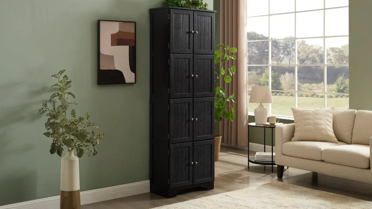 72-Inch Black MDF Storage Cabinet With 8 Doors - Omega Lifestyles