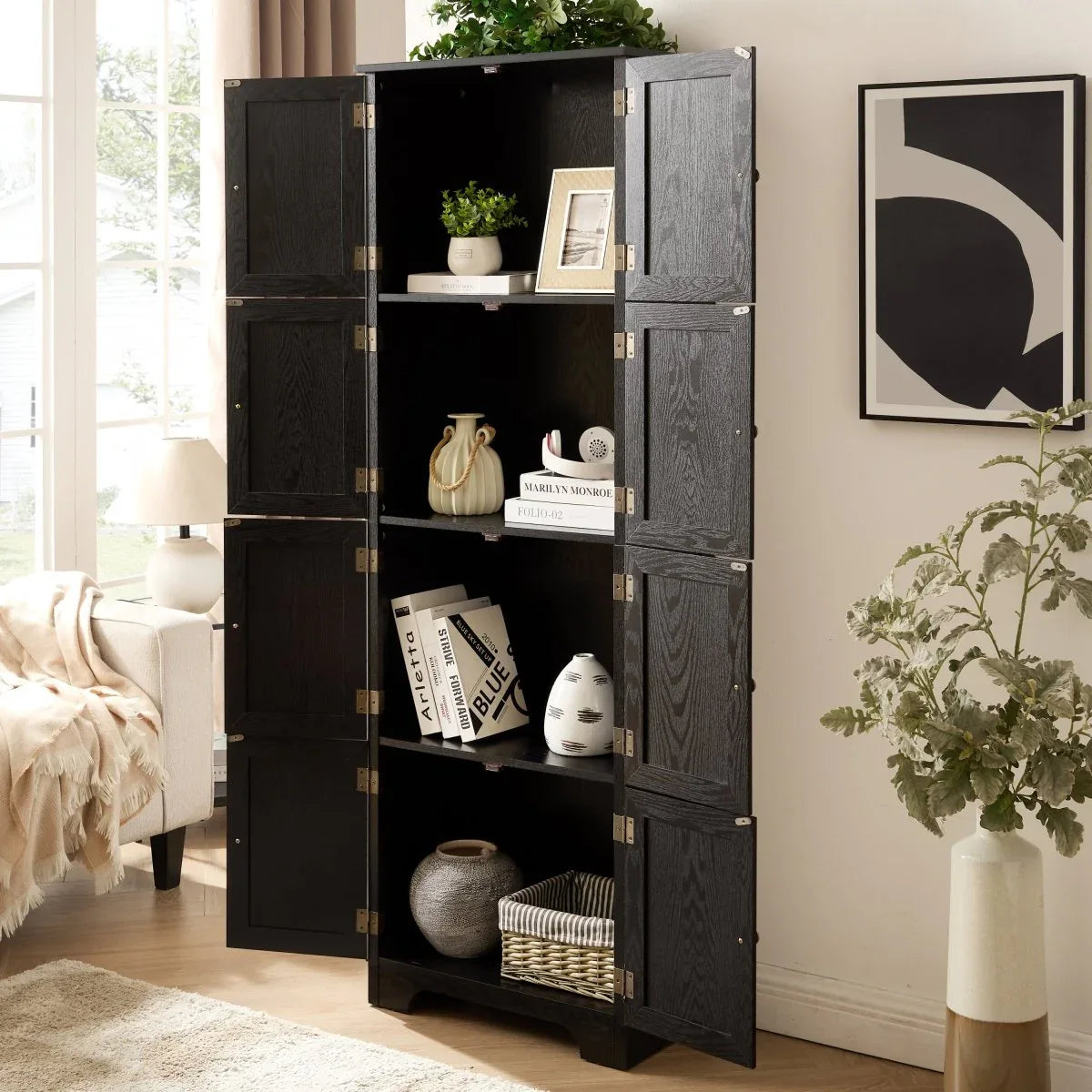 72-Inch Black MDF Storage Cabinet With 8 Doors - Omega Lifestyles