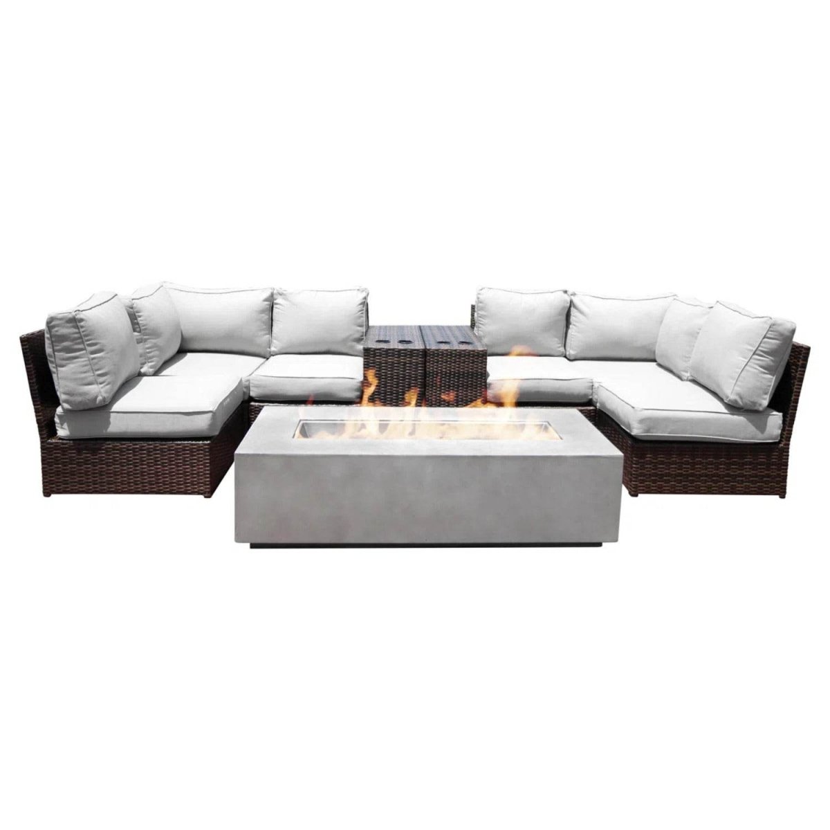 9 - Piece Modular Wicker Outdoor Seating Group With Fire Pit - Driftwood - Omega Lifestyles