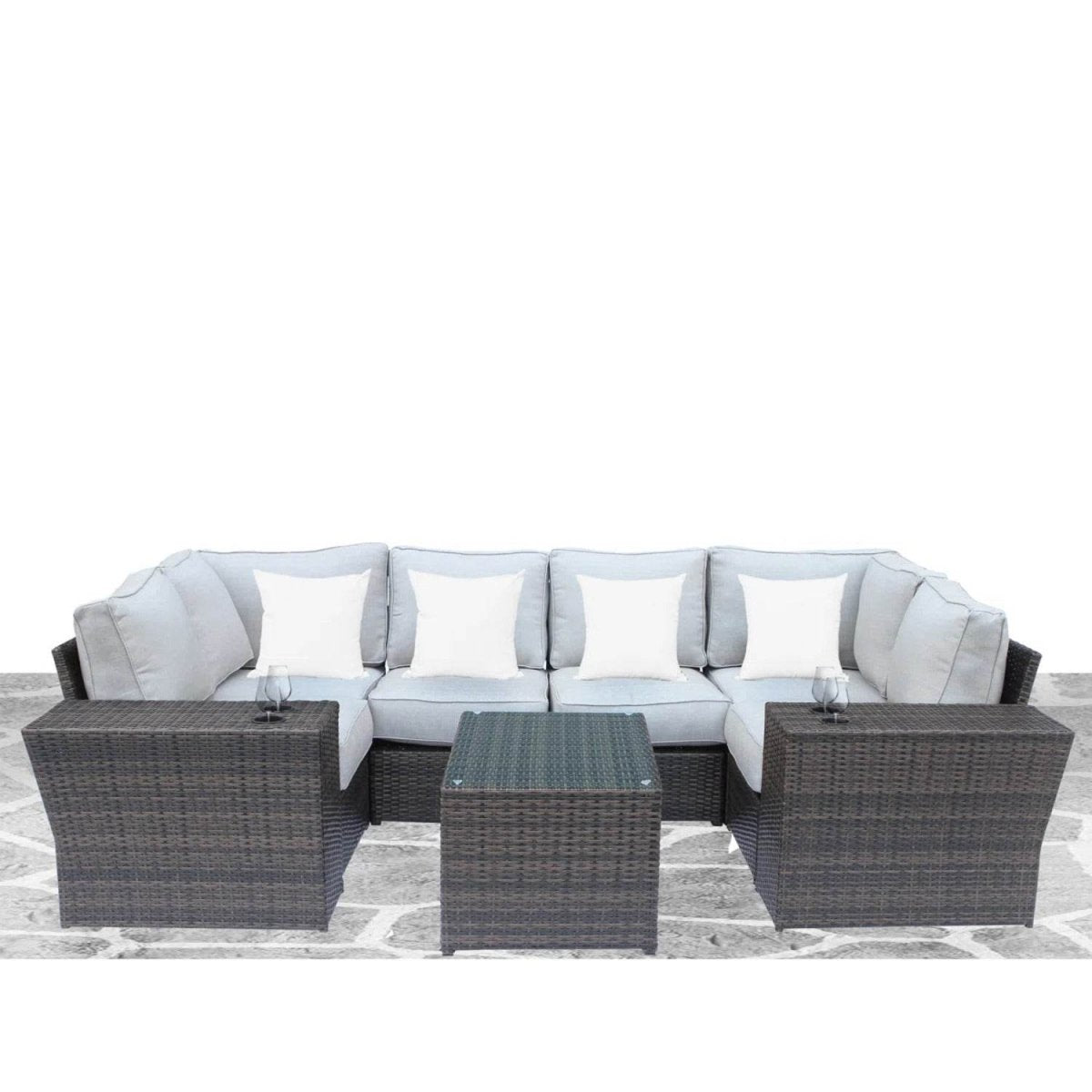9 - Piece Outdoor Wicker Patio Set With Cushions - Driftwood - Omega Lifestyles
